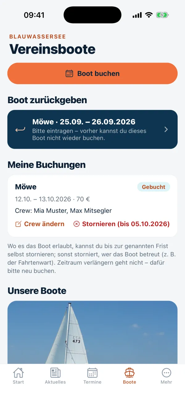 Clubhafen-App – Vereinsboote mit Knopf zum Buchen