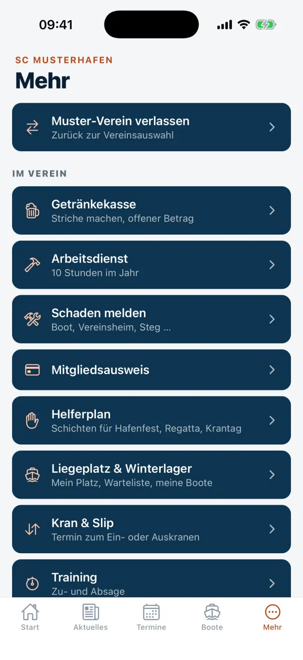 Clubhafen-App – Menü Mehr mit Getränkekasse, Arbeitsdienst, Mitgliedsausweis und Kran