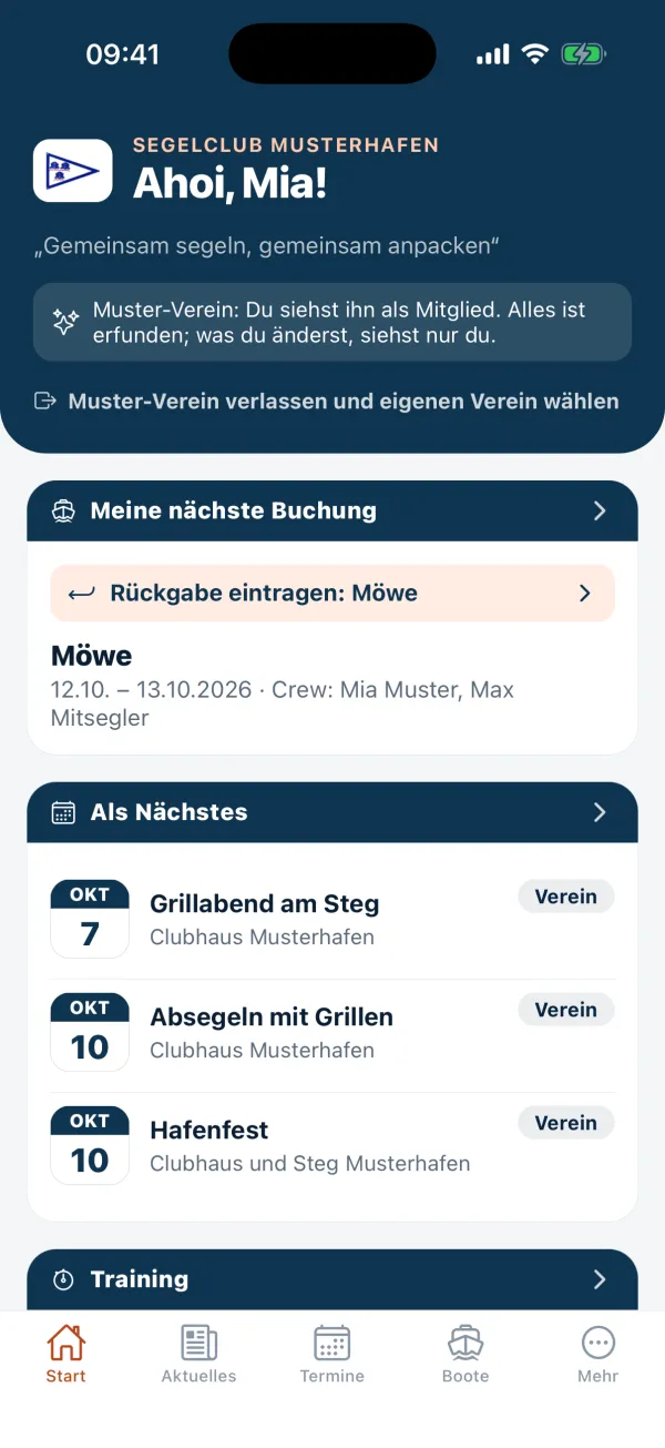 Clubhafen-App – Startseite mit nächster Bootsbuchung und anstehenden Terminen